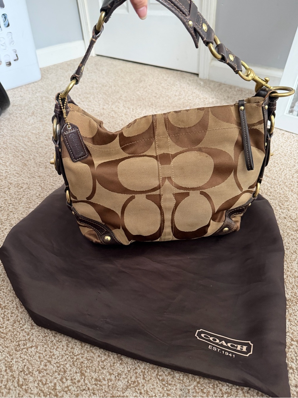 Coach Carly - Brown Signature Canvas Shoulder Bag with Dark Brown Trim